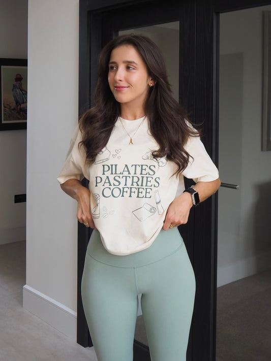 Pilates, Pastries & Coffee Boxy Natural T-Shirt